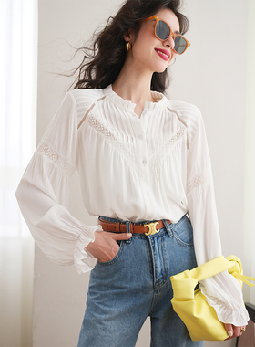 ron早秋蕾丝拼接法式衬衫女2023新款设计感宫廷风白色宽松上衣T