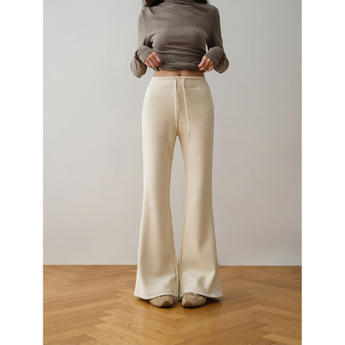 ron&ron松紧腰抽绳修身杏色微喇裤2025秋季气质显瘦百搭休闲裤T