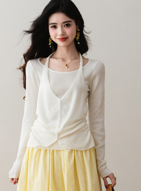 ron&ron韩系挂脖假两件大圆领针织开衫2026春季长袖显瘦设计上衣