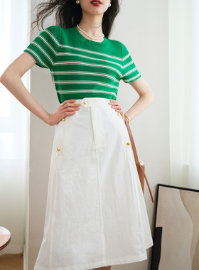 ronron气质百搭白色半身裙2023春季新款复古设计感A字高腰中长裙t