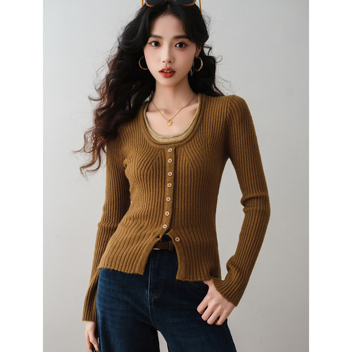 ron&ron假两件修身U领针织长袖开衫女2025冬季纽扣毛衣上衣针织衫