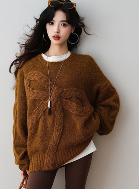 ron&ron蝴蝶结氛围感圆领针织衫2025秋季气质显瘦百搭针织衫上衣