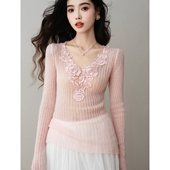 ron&ron温柔蕾丝拼接玫瑰花V领针织衫 上衣 打底衫 女2026年春季 修身