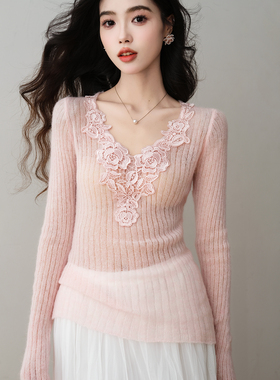 ron&ron温柔蕾丝拼接玫瑰花V领针织衫女2026年春季修身打底衫上衣