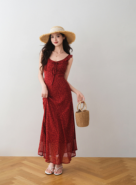 ron&ron法式复古红色碎花吊带裙2025夏季新款度假风修身显白长裙T
