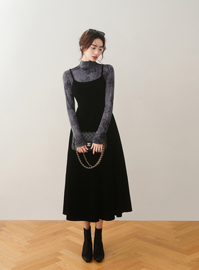 ron&ron法式丝绒黑色修身吊带裙秋冬新款气质收腰显瘦垂感a字长T