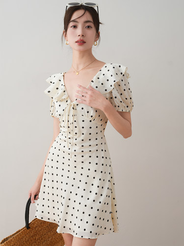 ronronA字裙波点荷叶边V领连衣裙