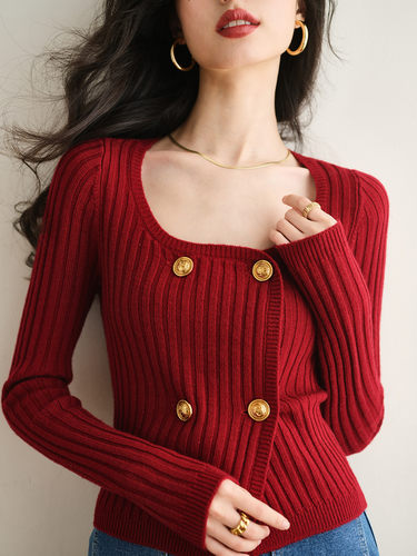 荃羊毛大圆领双排扣毛衣