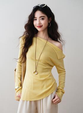 ron&ron纯欲露肩斜领针织衫2025早春新款不规则褶皱收腰显瘦上衣T