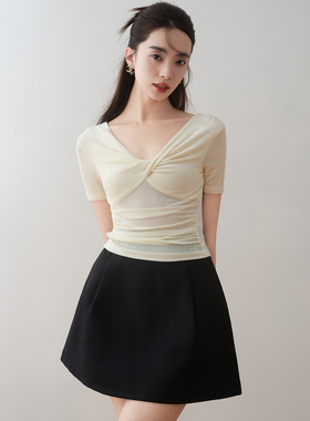 ronron黑色赫本风气质短裙T