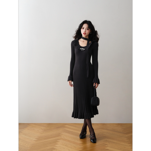 ron&ron法式优雅针织连衣裙送腰带2025秋季长袖修身赫本风中长裙