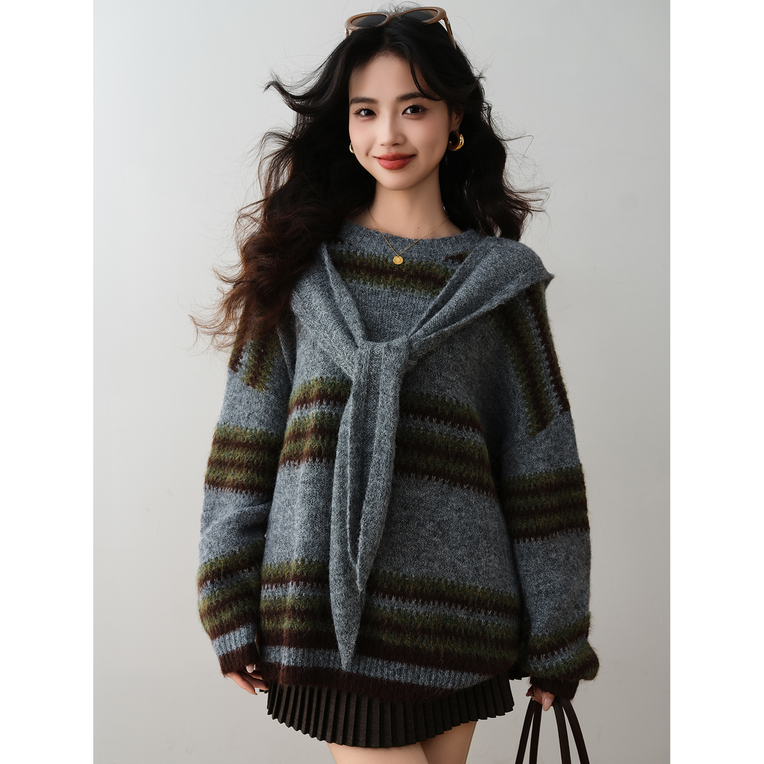 ron&ron慵懒宽松条纹圆领针织衫送连帽围巾2025冬季宽松毛衣上衣