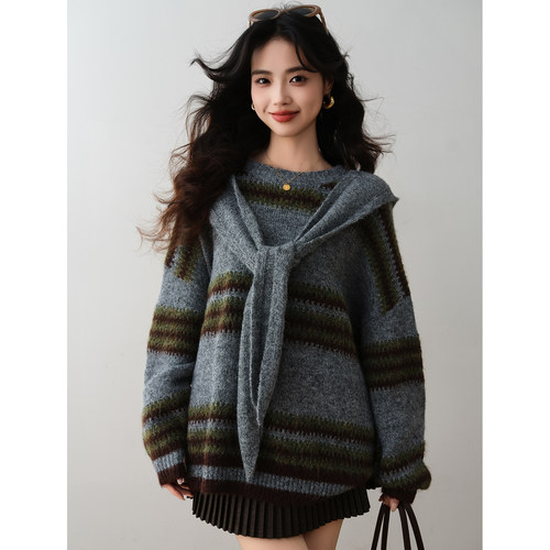 ron&ron慵懒宽松条纹圆领针织衫送连帽围巾2025冬季宽松毛衣上衣