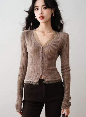 ron&ron设计感V领蕾丝拼接针织开衫女2025冬季修身长袖上衣针织