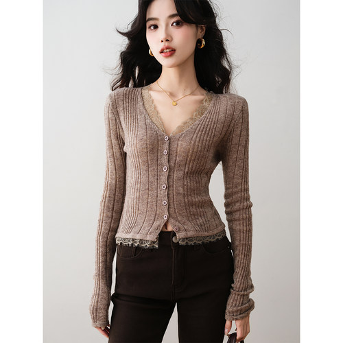 ron&ron设计感V领蕾丝拼接针织开衫女2025冬季修身长袖上衣针织