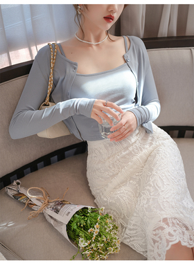 波浪边开叉直筒裙春装2021年新款高腰白色蕾丝半身裙设计感轻熟T