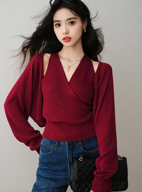 ron&ron港风V领挂脖交叉针织衫两件套2026春季收腰毛衣开衫披肩