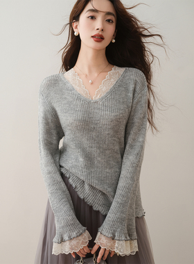 ron&ron法式蕾丝拼接针织衫2024秋冬新款绝美喇叭袖V领别致上衣T