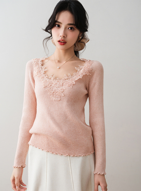 ron&ron法式温柔风蕾丝钩花V领针织衫2025冬季色显瘦打底衫上衣