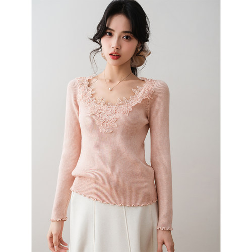 ron&ron法式温柔风蕾丝钩花V领针织衫2025冬季色显瘦打底衫上衣