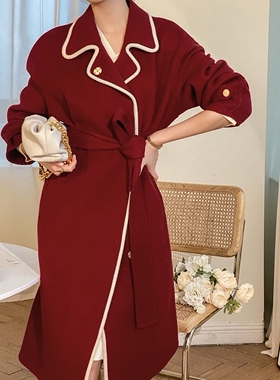 撞色边复古双面呢子大衣冬季新年红色赫本风中长款外套T
