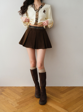 ron&ron美式学院风松紧高腰带内衬百短裙女2025冬季A字显瘦半身裙