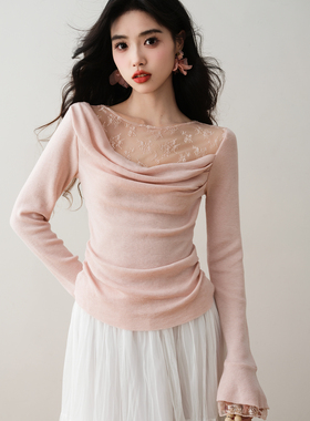 ron&ron法式温柔风蕾丝拼接针织衫2026春季收腰显瘦气质百搭上衣