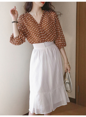 Ron原创半身裙女夏中长款高腰a字显瘦白色裙子T