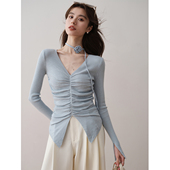 早春新款 ron&ron别致褶皱修身 针织衫 设计感V领显瘦特好看上衣KHT