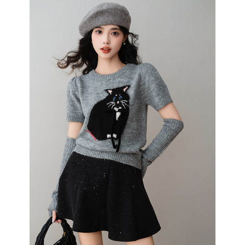 圆领卡通猫咪短袖带袖套针织衫