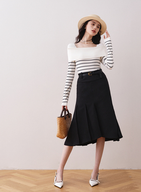 Ron黑色通勤鱼尾半身裙女高腰2023秋季新款气质设计a字中长款裙T