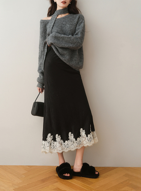 ron&ron设计感蕾丝花边包臀鱼尾裙秋冬新款法式修身松紧腰半身裙T