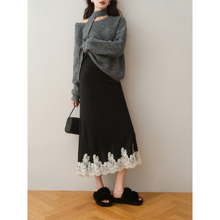 ron&ron设计感蕾丝花边包臀鱼尾裙秋冬新款法式修身松紧腰半身裙T