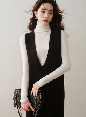 ron&ron软糯糯米绒深V领背心裙2024秋冬新款百搭直筒无袖连衣裙T