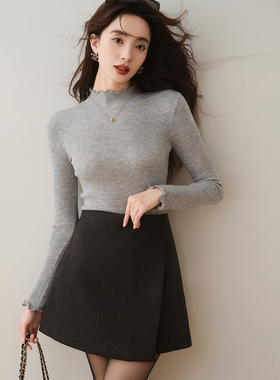 ron&ron气质高腰a字短裙2024秋冬新款不对称纯色包臀显瘦半身裙T