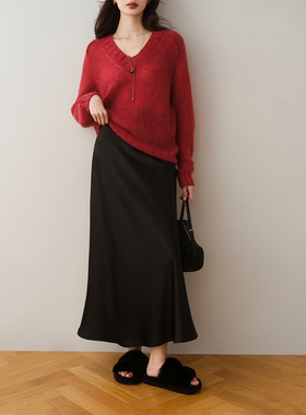 ron&ron气质丝滑缎面鱼尾裙早秋新款法式黑色高腰包臀垂感半身裙t