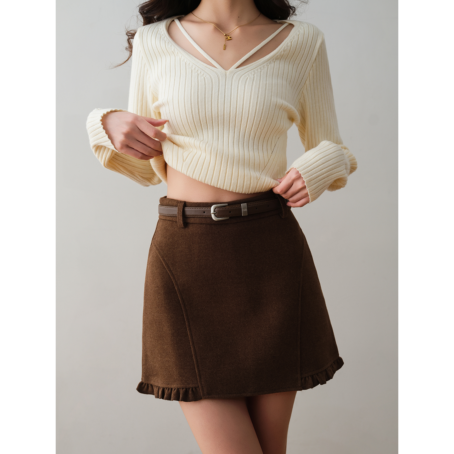 ron&ron复古质感毛呢荷叶边半身裙女2025秋季高腰A字短裙配腰带