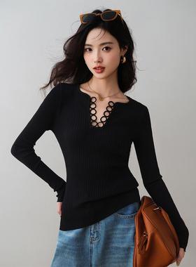 ron&ron法式深V领修身针织衫2025早春新款设计感黑色显瘦内搭衣T