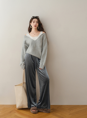 ron&ron休闲假两件撞色针织衫2025早春穿搭慵懒风露肩别致上衣