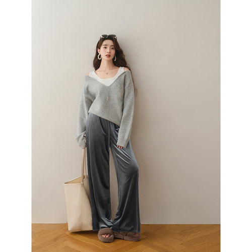 假两件撞色休闲方领宽松毛衣露肩