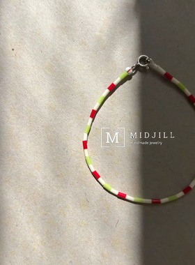 日系杂志风小众设计 质感磨砂白拼活力红绿色彩极细925银扣手链