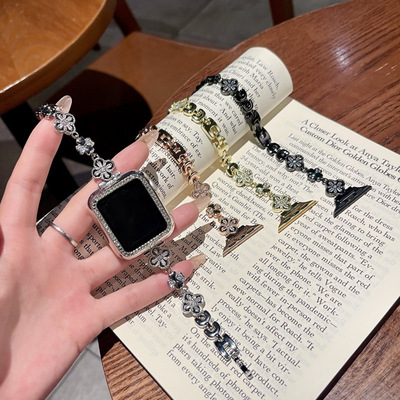 适用iwatch9手表带四叶草锆石applewatch表带se女苹果手表带夏天