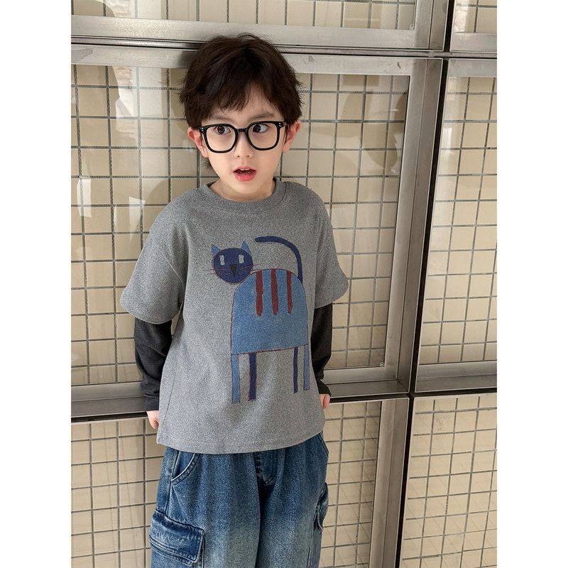 2025儿童长袖秋装男女童新款潮流卡通印花上衣假两件套头T恤衫