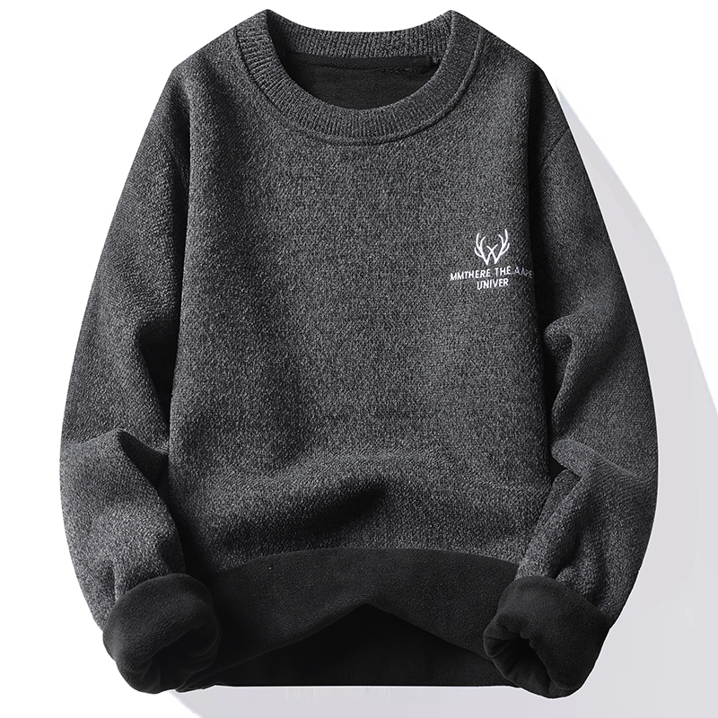 冬季毛衣男一体绒圆领软糯毛线衣青年百搭加绒打底针织衫