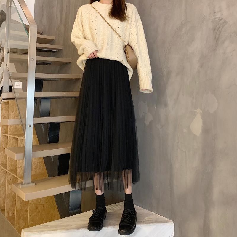 黑色纱裙半身裙中长款2024春夏百搭新款超仙女网纱百褶裙高腰春季_虎窝淘