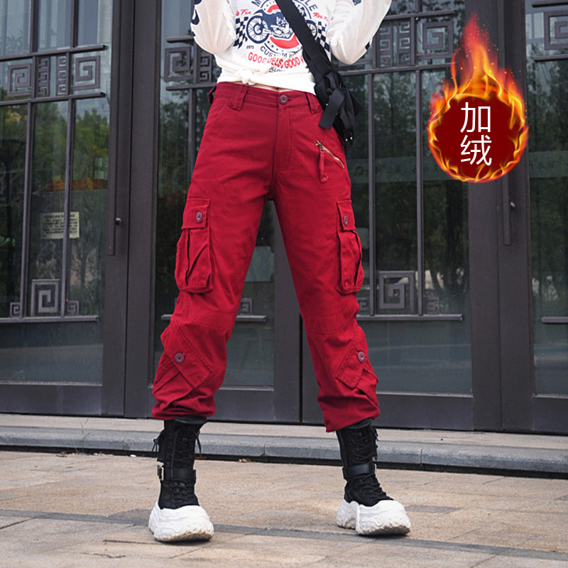 美式高街加厚加绒棉休闲长裤中性男女宽松多口袋工装裤女裤直筒裤