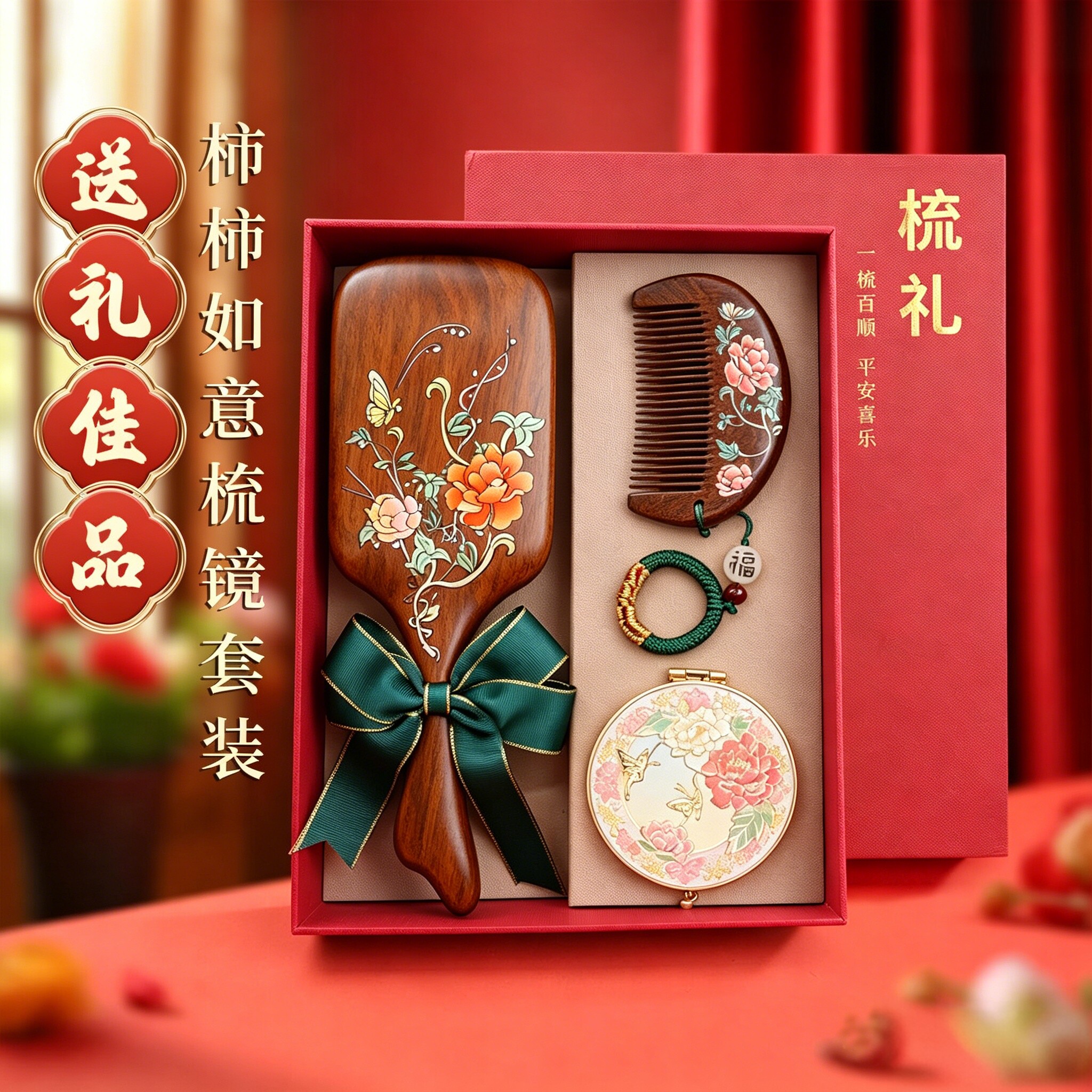 檀木气垫木梳送女生闺蜜结新婚生日盒伴手礼品实用毕业季礼物老师