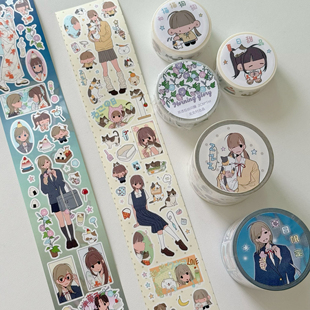北北村夏日限定猫狗日常贴纸卷分装人物女孩装饰点缀胶带可爱贴纸