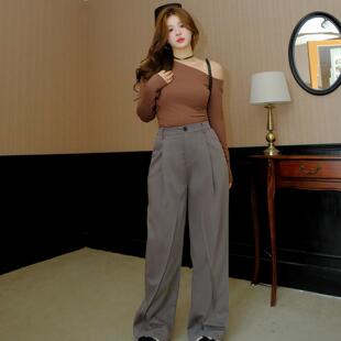 打底上衣双褶直筒长西裤 PSG微胖MM梨形斜肩遮肉长袖 货返15元