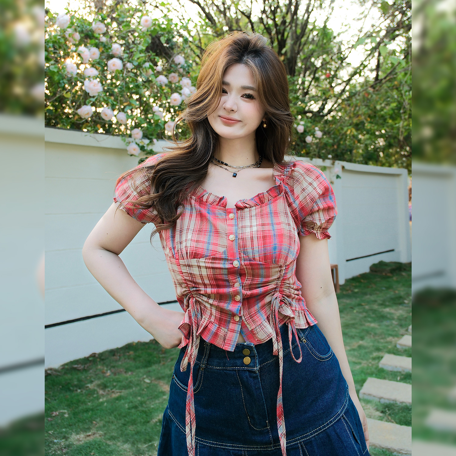 PSG收腰大码衬衫女百褶牛仔裙